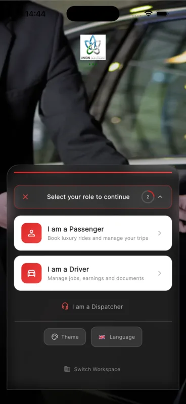 Mobile app — role selection screen